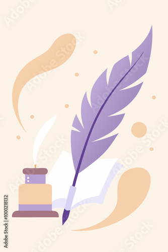 A whimsical illustration featuring a quill pen, inkwell, and open book, perfect for adding a touch of vintage charm to your designs. This graphic is ideal for projects related to writing, history.