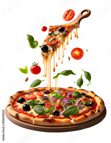 Fresh and colorful pizza ingredients are frozen mid-air as they float above a freshly baked pizza crust.