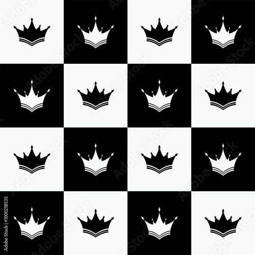 King and Queen Crown: Seamless Chess Pattern.A pattern with black and white crowns in alternating cells. Royal symbols, creates a chess effect, reflecting the harmony of power and greatness.