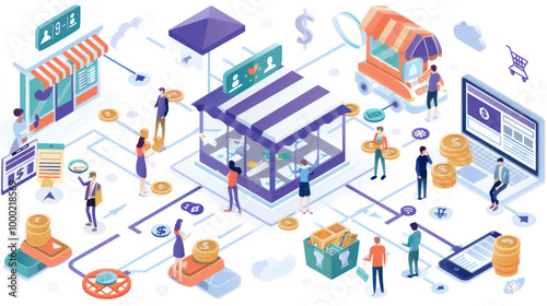 A visual of successful small businesses scaling their sales efforts through networking, digital marketing, and customer loyalty programs.