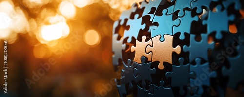 Puzzle piece globe, symbolizing global unity and interconnectedness, blurred sunset background.