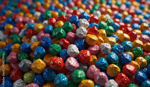 Colorful candy coated chocolate spread across the table in vibrant mix photo