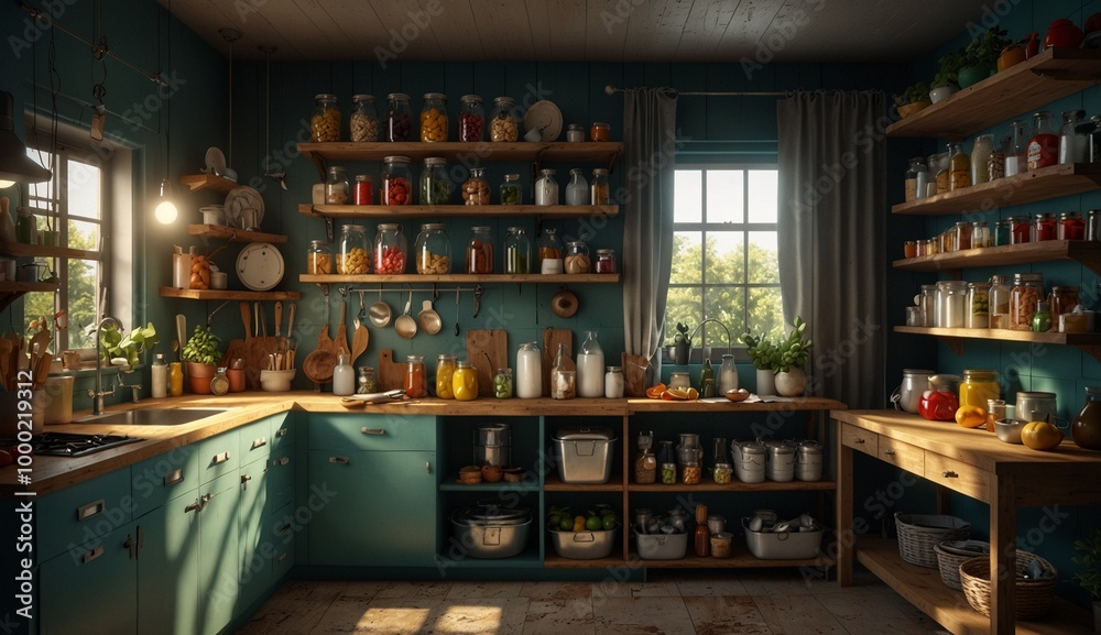 Cozy rustic kitchen with wooden shelves and jars during daytime Cozy rustic kitchen with wooden shelves and jars during daytime