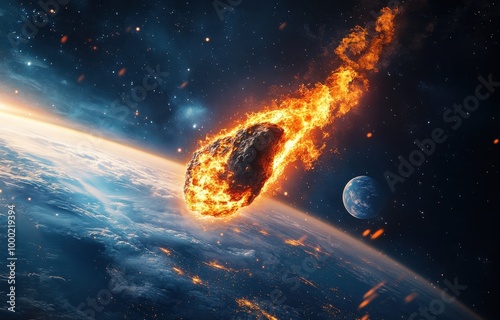 A fiery asteroid hurtles towards Earth against a backdrop of stars and distant planets in a cosmic event