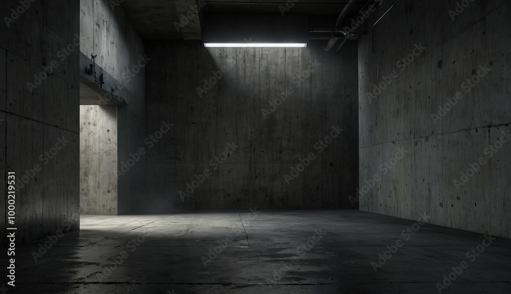 Dimly lit empty concrete room suggesting a mysterious and eerie vibe Dimly lit empty concrete room suggesting a mysterious and eerie vibe