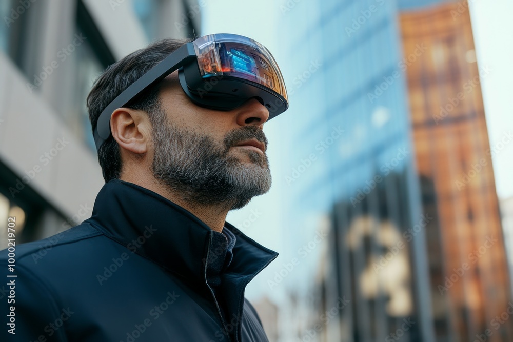 Futuristic urban man with high-tech ar glasses exploring the cityscape Futuristic urban man with high-tech ar glasses exploring the cityscape