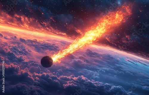 A burning asteroid hurtles toward Earth in a vibrant space backdrop filled with swirling clouds at twilight photo