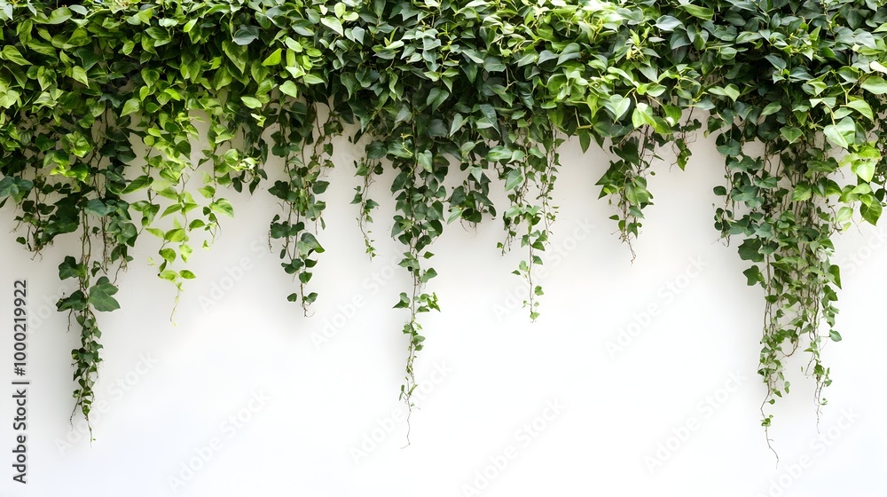 Lush Green Plant Wall Backdrop with Hanging Foliage on White Background Lush Green Plant Wall Backdrop with Hanging Foliage on White Background