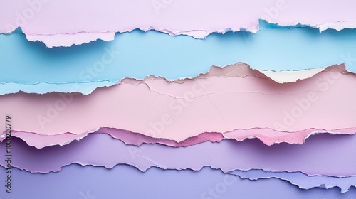 Layered pastel-colored paper with torn edges, creating an artsy, handmade background. The soft hues and textured appearance add a creative touch, perfect for crafts, invitations