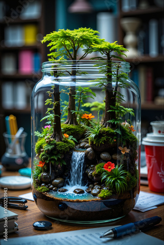 A hyper-realistic portrait, photorealistic photo close-up image ofA close-up portrait of a miniature forest ecosystem thriving inside an ordinary glass jar on a cluttered office desk. The jar, usually