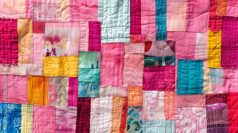 A detailed close-up of a vibrant patchwork quilt featuring shades of pink, pastel blues, and yellows. The quilt showcases intricate stitching and colorful fabric designs, perfect for highlighting A detailed close-up of a vibrant patchwork quilt featuring shades of pink, pastel blues, and yellows. The quilt showcases intricate stitching and colorful fabric designs, perfect for highlighting