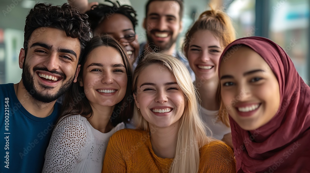 Diverse and inclusive group of office colleagues smiling at a team building workshop event, workplace race inclusion and diversity concept Diverse and inclusive group of office colleagues smiling at a team building workshop event, workplace race inclusion and diversity concept
