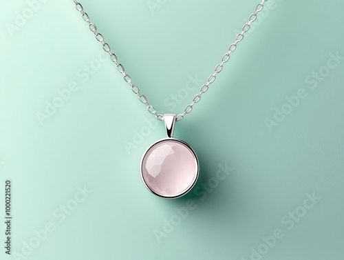 Simple silver pendant necklace with a tiny rose quartz gemstone, minimalist design with soft reflections, Elegant, 3D Art