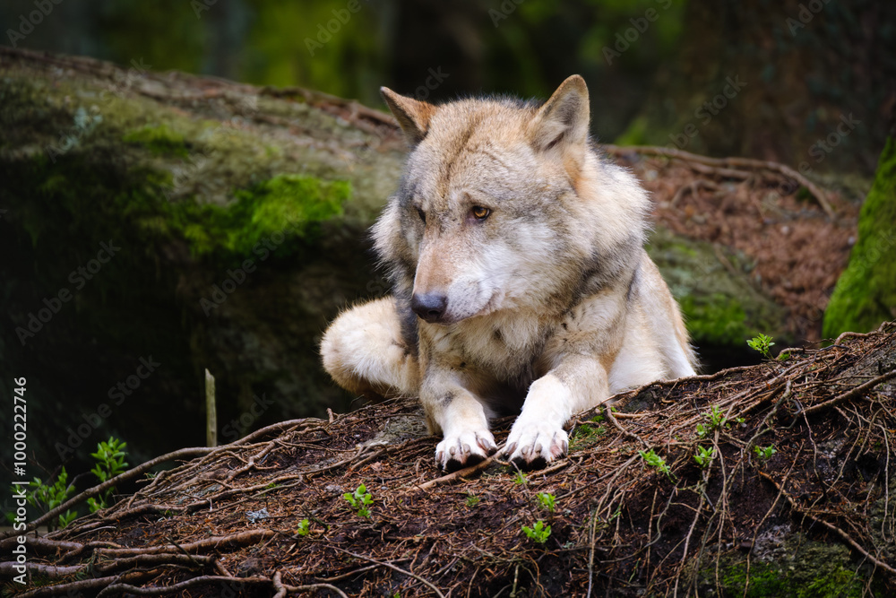 Fototapeta premium wolf lying in the forest in Czech Republic