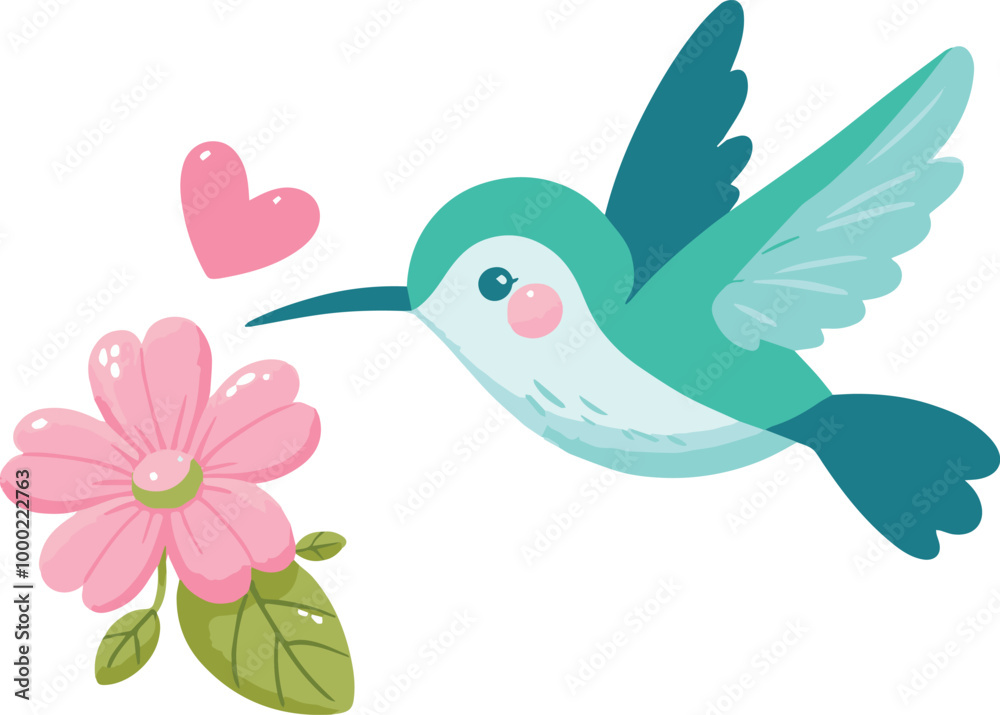 Obraz premium cute green blue hummingbird hovering near a flower on a white background 