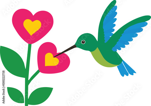 cute green blue hummingbird hovering near a flower on a white background 
