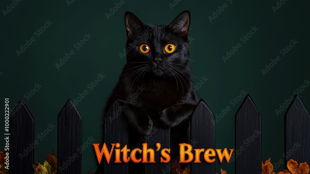 A black cat with striking orange eyes peeking over a fence in a Halloween-themed setting. A black cat with striking orange eyes peeking over a fence in a Halloween-themed setting.