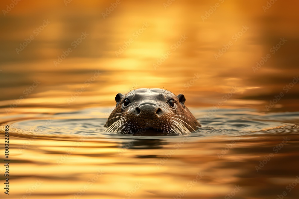 Fototapeta premium A curious otter swimming in shimmering water during sunset.