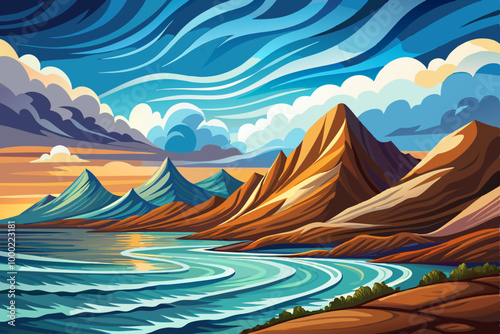 sea with waves and earthen mountains vector cartoon illustration, beach landscape background