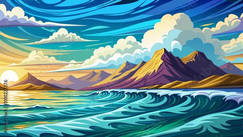 sea with waves and earthen mountains vector cartoon illustration, beach landscape background