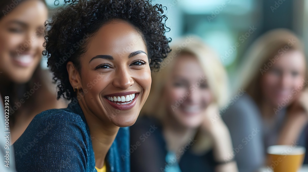 Obraz premium Diverse and inclusive group of office colleagues smiling at a team building workshop event, workplace race inclusion and diversity concept 