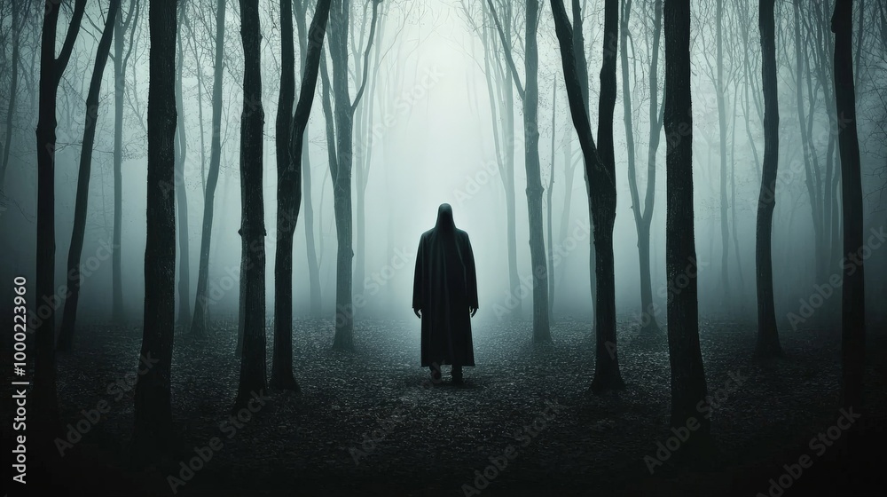 A shadowy figure standing at the edge of a dark forest, symbolizing the presence of death, with a misty atmosphere A shadowy figure standing at the edge of a dark forest, symbolizing the presence of death, with a misty atmosphere