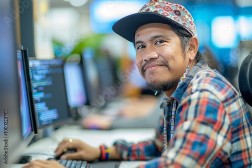 Cheerful Indigenous programmer man working with computers in office. , background blur
