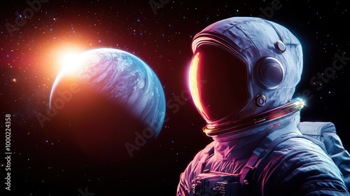 An astronaut gazes at a distant planet against a cosmic backdrop, capturing the essence of space exploration. photo