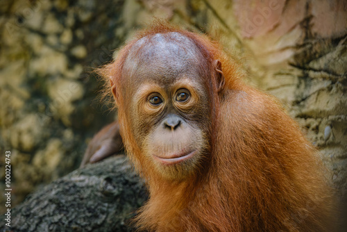 close up portrait of baby orangutang