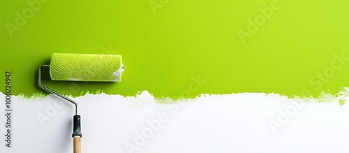Photo of paint roller painting green walls, painting apartment walls, renovation with green paint.