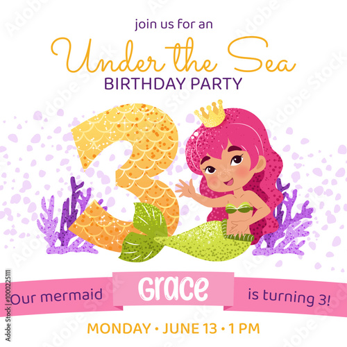 Mermaid birthday party invitation card. Square template with a mermaid princess and number 3 for a kids' party. Happy birthday and underwater concept. Celebrating a third anniversary.