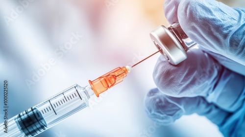 Close-up of a syringe drawing liquid from a vial, healthcare and medical concept. photo