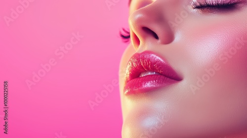 Close-up of a woman's face with glossy lips against a vibrant pink background.