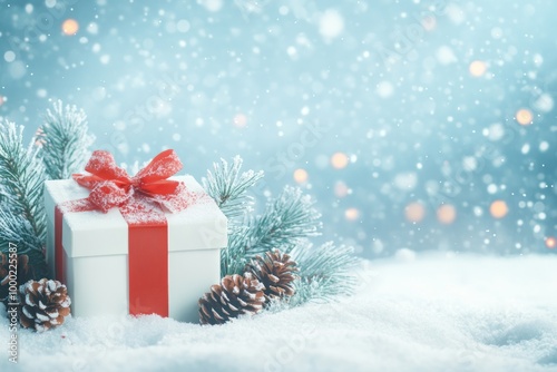 Festive White Christmas Gift with Snow Background