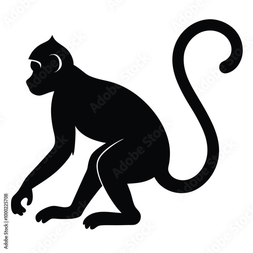 a monkey. The monkey is shown in a crouching position, silhouette vector illustrarion,