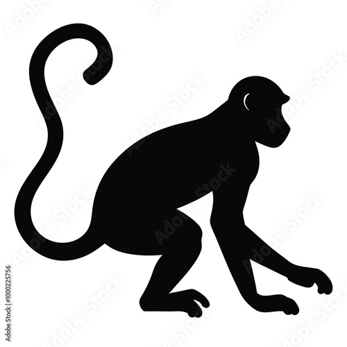 a monkey. The monkey is shown in a crouching position, silhouette vector illustrarion,