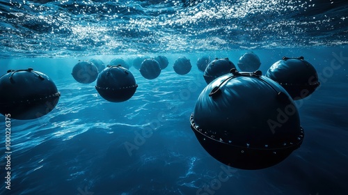 A cluster of naval mines floating just beneath the ocean's surface, poised to be triggered by passing ships. The scene highlights the hidden dangers of maritime warfare.

