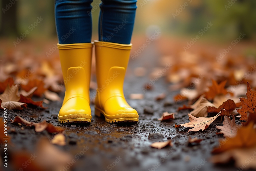 Yellow Rain Boots on Muddy Autumn Path with Fallen Leaves Yellow Rain Boots on Muddy Autumn Path with Fallen Leaves