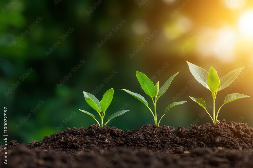 Growing plants in soil under sunlight, symbolizing new beginnings and nature's beauty. Growing plants in soil under sunlight, symbolizing new beginnings and nature's beauty.