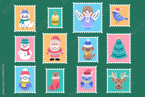  Set of postage stamps with characters to celebrate Christmas.