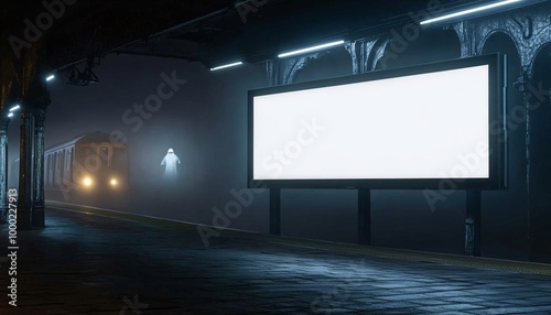 Spooky railway platform featuring a blank digital billboard showcasing an advertising display mockup in Halloween theme. Perfect for capturing the essence of eerie seasonal promotions.