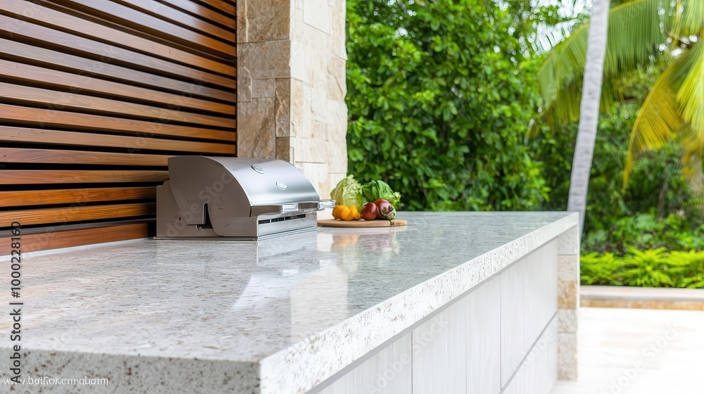 Open outdoor kitchen with polished stone countertops, built-in smoker, and contemporary lighting, modern kitchen, outdoor functionality Open outdoor kitchen with polished stone countertops, built-in smoker, and contemporary lighting, modern kitchen, outdoor functionality