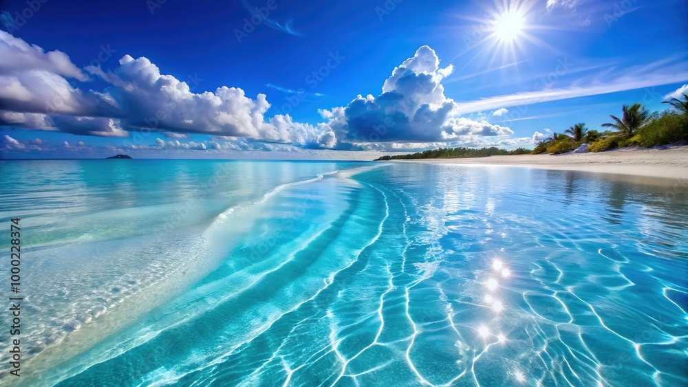Obraz premium Beautiful Tropical Beach with Golden Sand and Crystal Clear Ocean Water, A Serene Coastal Paradise Perfect for Digital Graphic Design Projects and Backgrounds