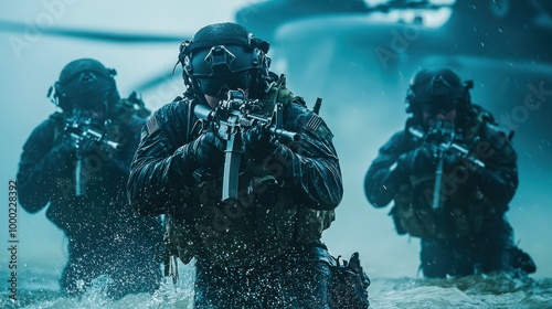 A group of Navy SEALs in full tactical gear, ready to deploy from a helicopter hovering over water. The scene captures the intensity and professionalism of elite military operations