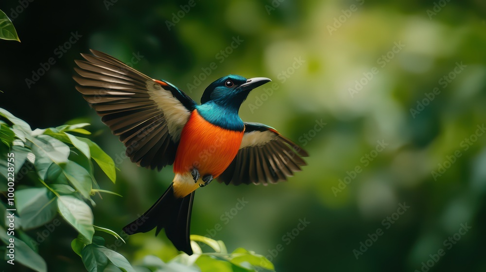 Vibrant bird in flight, showcasing beautiful plumage among lush green foliage. Vibrant bird in flight, showcasing beautiful plumage among lush green foliage.