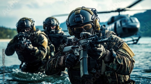 A group of Navy SEALs in full tactical gear, ready to deploy from a helicopter hovering over water. The scene captures the intensity and professionalism of elite military operations