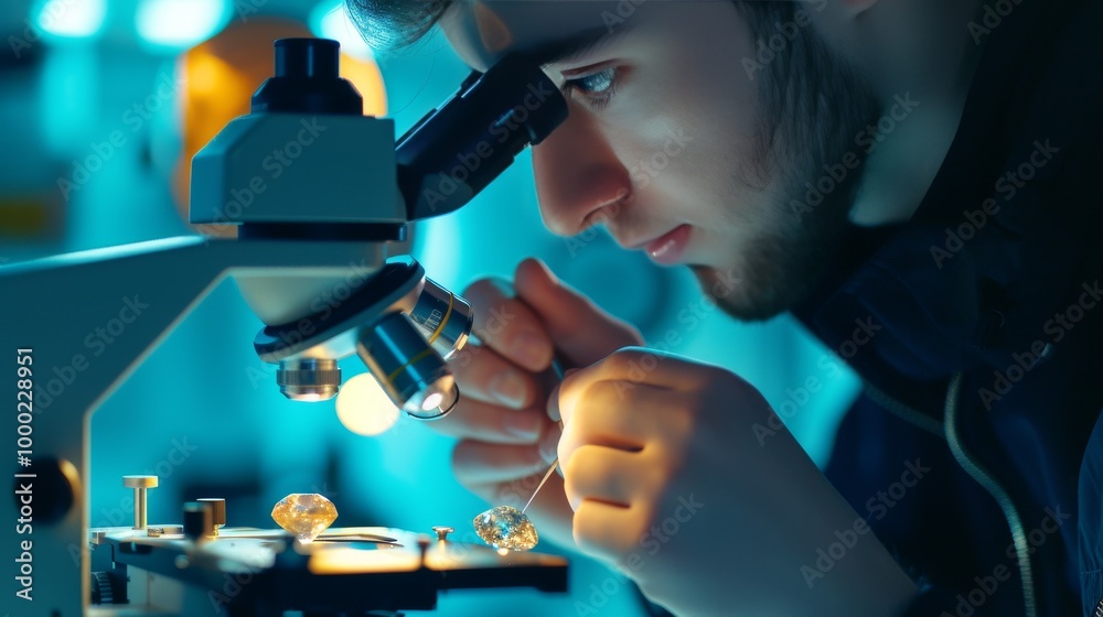 A scientist with a concentrated gaze examines diamonds under a microscope in a laboratory, carefully analyzing their features. The image emphasizes precision and scientific expertise in gemology. A scientist with a concentrated gaze examines diamonds under a microscope in a laboratory, carefully analyzing their features. The image emphasizes precision and scientific expertise in gemology.