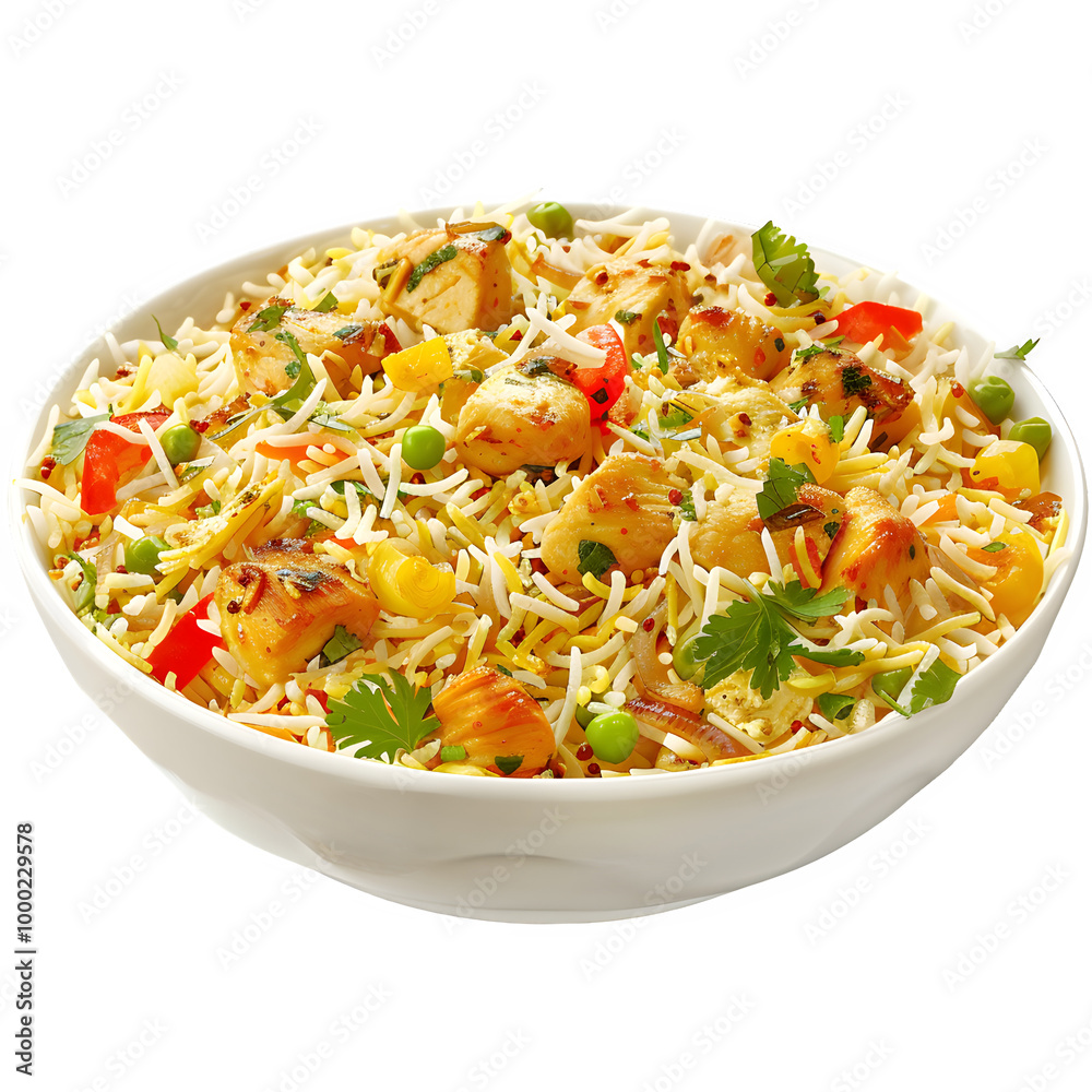 Delicious chicken fried rice with colorful veggies in a clean bowl, great for a tasty and healthy dish Delicious chicken fried rice with colorful veggies in a clean bowl, great for a tasty and healthy dish