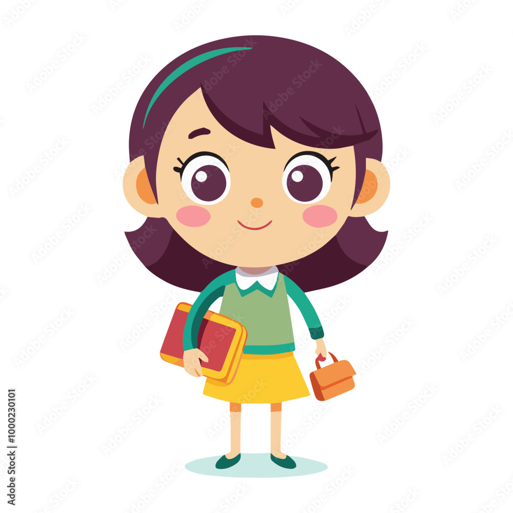 Cute Girl with Handbag and Book Cartoon Vector Icon Illustration on a White Background