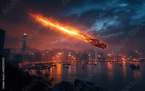 Massive meteorite streaking across the night sky over city, illuminating the skyline with a vibrant orange glow photo